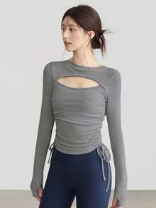 Kaos Lengan Panjang Minimalis, Atasan Lengan Panjang Pas Badan dengan Desain Tali Serut di Kedua Sisi, Cocok untuk Yoga, Latihan Kebugaran Harian, dan Olahraga Intensitas Rendah Lainnya - Grey - View 3
