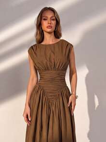 Elegante y Chic Vestido Maxi Línea A con Manga Corta, Fruncido y Cintura Retorcida en Color Marrón para Vacaciones, Fin de Semana, Citas, Fiestas, Otoño y Salidas - Marrón - Ver 8