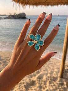 1pc Bohemian Vacation Style Raffia Flower Open Ring, Green Versatile Jewelry For Women's Commute And Travel - Green - View 1