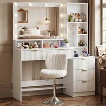 Devoko Modern Vanity Table With Mirror, LED Lighting With 3 Color Modes, 5 Drawers, Open Shelves, Jewelry Hooks And Integrated Power Outlet, Dressing Table For Bedroom, White - White + White Chairs - View 12