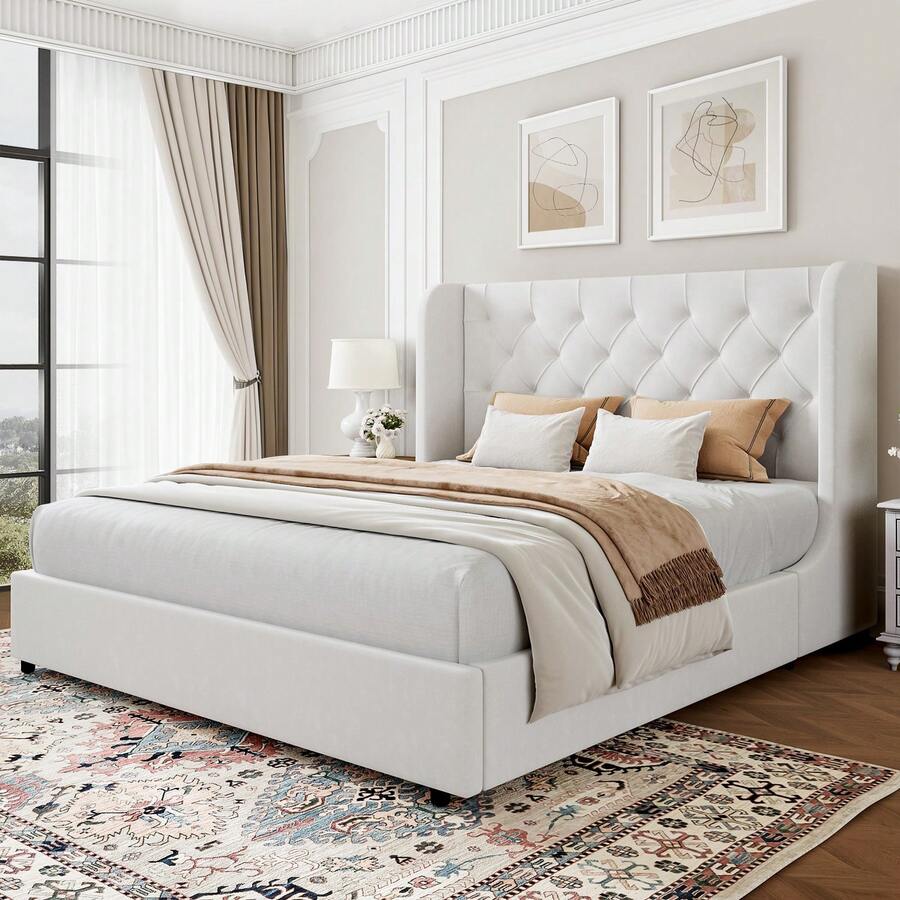 Modern Velvet Upholstered Bed Frame With Curved Wingback Design, Wooden Platform Bed Frame For Bedroom, Full Bed Frame/ Queen Bed Frame/ King Bed Frame/ Full Size Bed Frame/ Queen Size Bed Frame/ King Size Bed Frame,Pink/ White/ Grey - 白色 - 查看 1