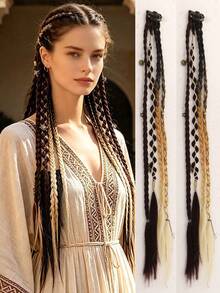 2 Packs Handmade Braided Bohemian 20-Inch Clip-In Hair Extensions, Bohemian Dreadlock Braids, With Everyday Beaded And Delicate Accessories - Multicolor - View 9