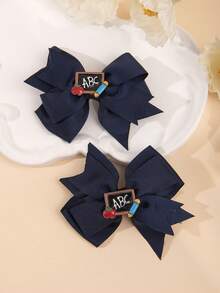 2pcs Girls Blackboard Accessory Ribbed Bow Hair Clips, Secure And Gentle On Hair, School Style Side Clips Suitable For Back To School Season - Multicolor - View 7