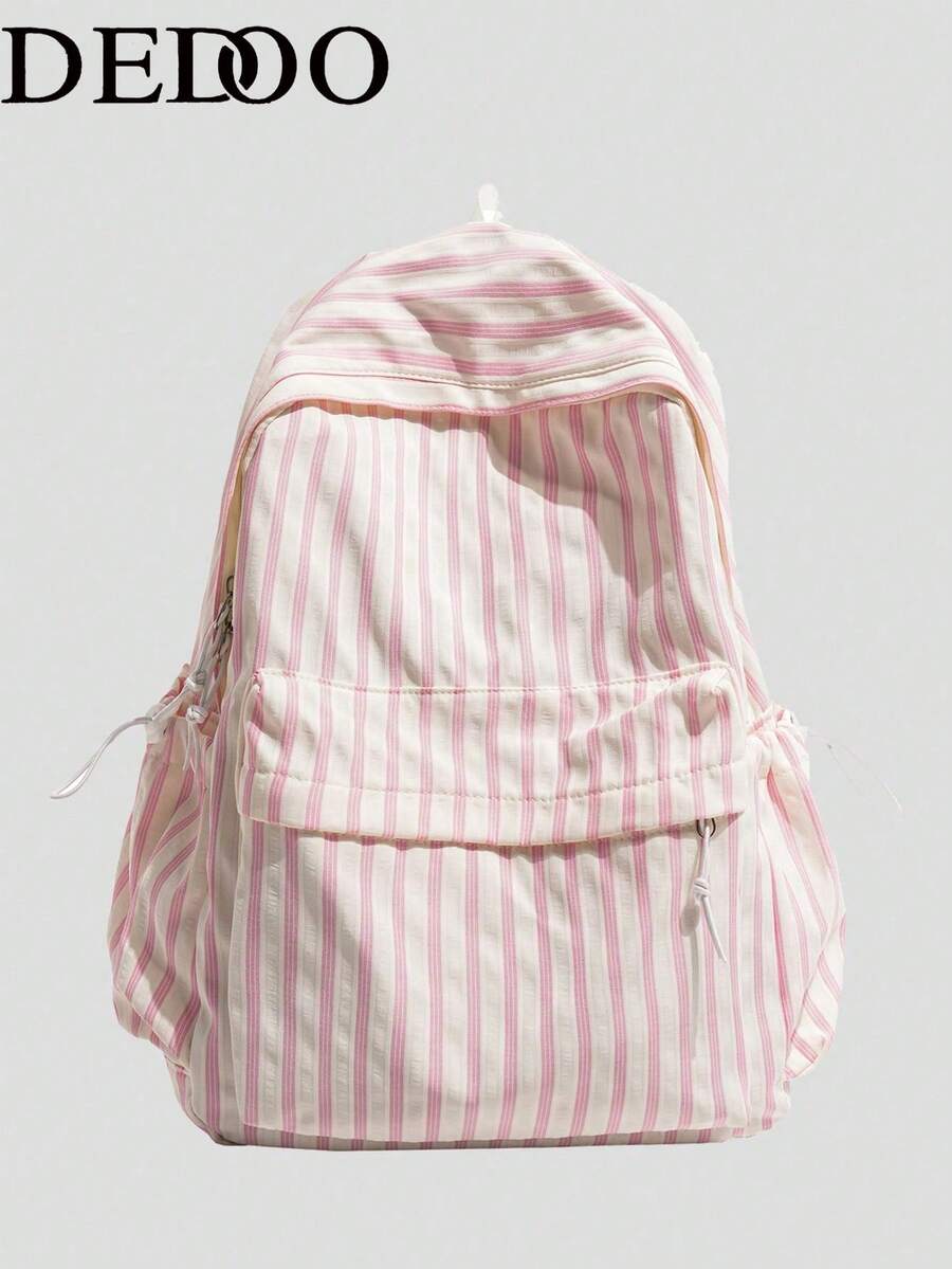 Dedoo Striped Student Backpack, Lightweight Washed Fabric, Front Pocket With Drawstring Side Pockets, Large Capacity Storage, Fresh Korean Style, Suitable For Teenage Girls Daily Use - Multicolor - View 1