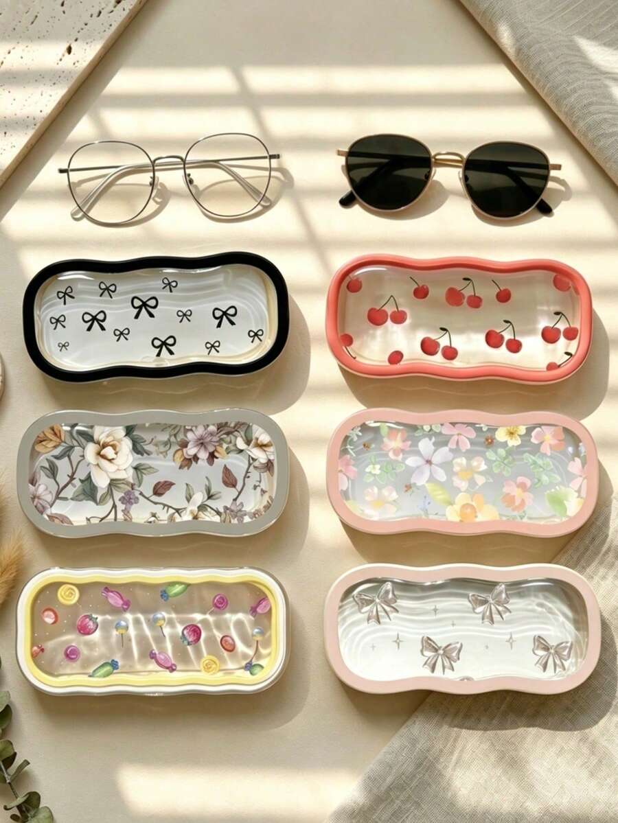 1pc Flower, Bowknot Pattern Full Frame Eyeglass Case, Transparent Portable Anti-Crush Glasses Box, Large Space Suitable For Various Glasses, Ideal Storage, Fashion Eyewear & Jewelry Box For Men & Women, Plastic Material, Magnetic Closure - Multicolor 3 - View 1