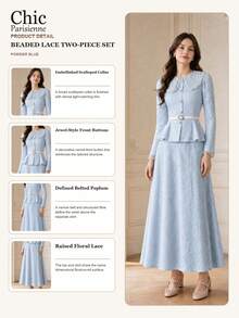 Pink Lace Peter Pan Collar Belted Maxi Dress Women Long Sleeve Wedding Guest Dress - 藍色 - 查看 4