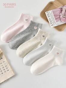 30/20/10/5雙女款可愛甜美透氣愛心與蝴蝶結圖案短款隱形船襪、踝襪與短襪，白色襪子、粉色襪子，學院風，適合日常休閒穿著，適用春夏秋冬，美學風格 - 彩色 - 查看 16