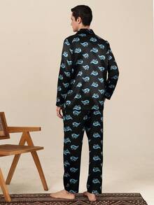 Men's Spring/Autumn Cardigan Faux Silk Pajama Set, Premium Long Sleeve Long Pants Comfortable Loungewear - Multicolor - View 7