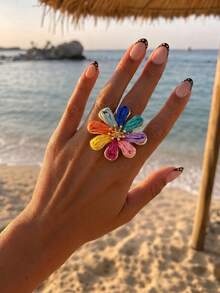 1件波希米亞度假風拉菲亞彩色花朵戒指，適合女性海灘出遊日常穿搭配飾 - 彩色 - 查看 1