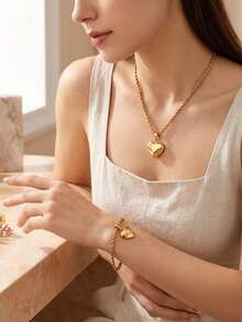 2pcs Korean Style Gentle Gold-Plated Twisted Pendant Necklace & Bracelet Set, Stainless Steel Women's Daily Matching Jewelry, Exquisite Holiday Accessories - Gold - View 2