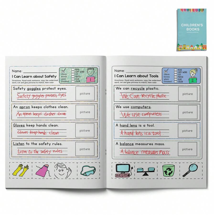 Buku Aktivitas Membaca dan Menulis Bahasa Inggris untuk Anak-Anak: Menyalin Kalimat, Mencocokkan Kosakata, Aturan Keselamatan, Alat dan Benda Sehari-hari, Buku Kerja Pembelajaran dengan Gambar Potong dan Tempel untuk Prasekolah, Taman Kanak-kanak, Belajar di Rumah, dan Latihan di Kelas. - Buku anak-anak - View 1