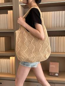 夏季大容量鏤空針織托特包，女款輕量透氣純色編織手提包，適合海灘旅行度假海灘包 - 卡其色 - 查看 8