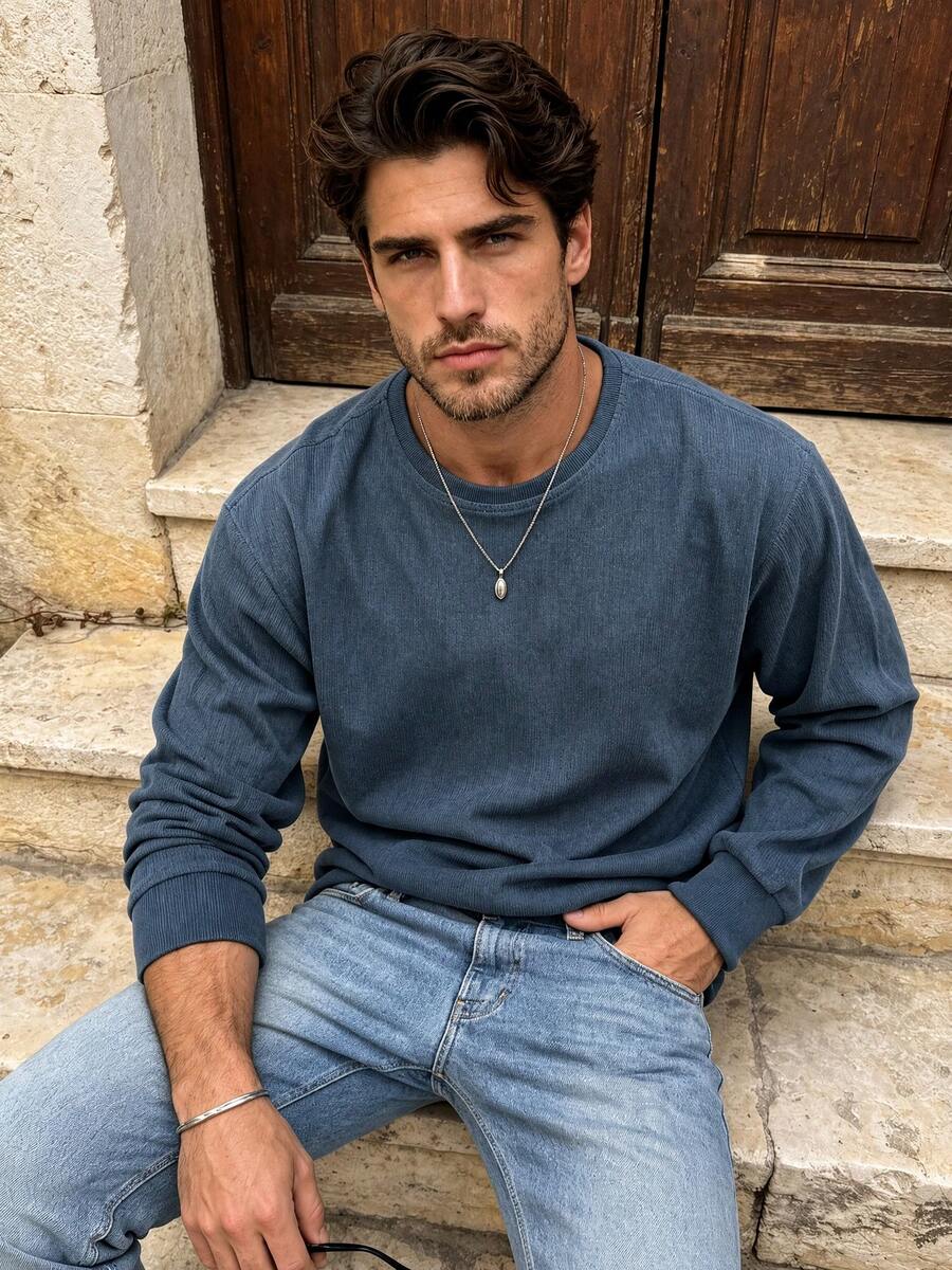 Men's Spring/Autumn Fashion Casual Minimalist Loose Fit Crew Neck Long Sleeve T-Shirt - Navy Blue - View 1