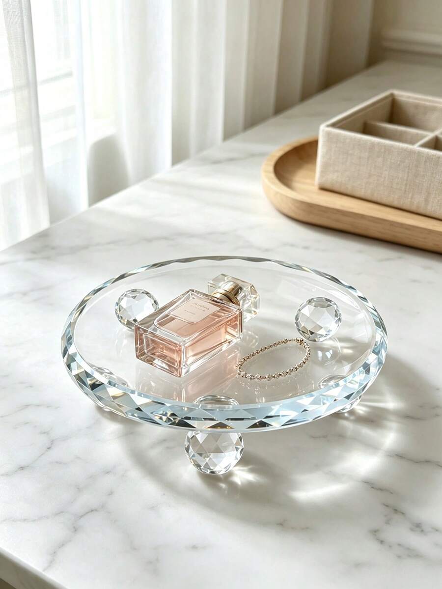 1pc Crystal Glass Jewelry Tray, Round Lace Diamond Cut Craft Display Plate, Multi-Purpose Crystal Glass Base, Suitable For Women's Storage And Organization, Room Decor, Back To School Dorm Storage, Perfume Dish, Accessory Board, Jewelry Dish, Tray