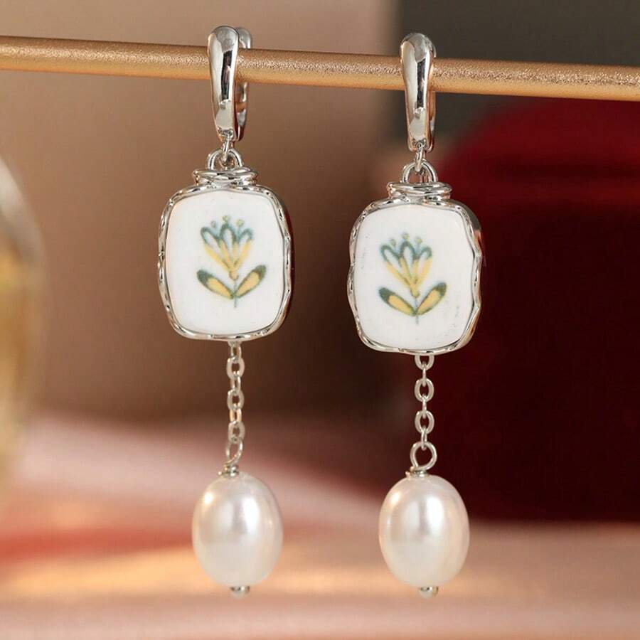 DIYCCPC Women's Fresh Hand-Painted White Background Botanical Print Chain Drop Earrings, Suitable For Daily Commute And Dating - Multicolor - View 1