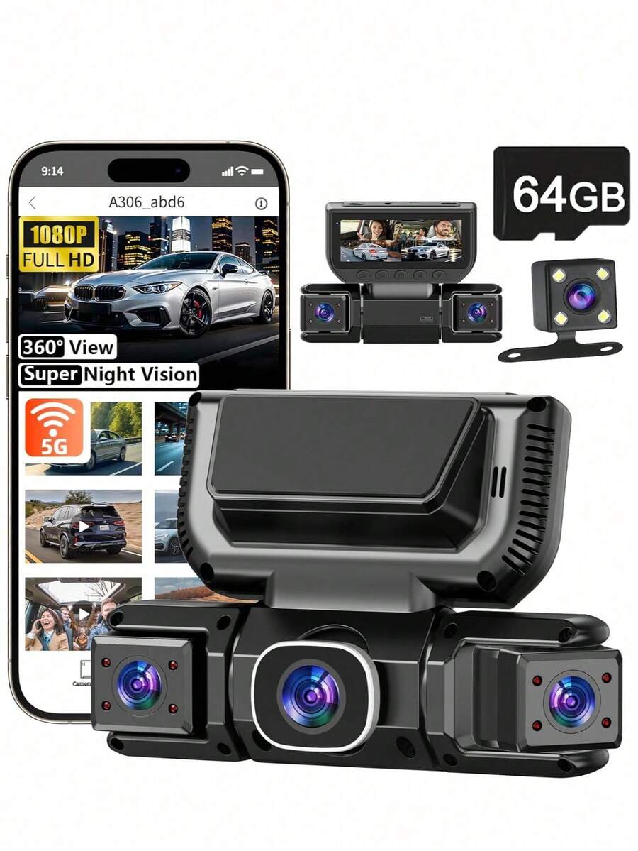 360°全景4通道行车记录仪，前后双录，双1080P高清镜头，170°广角，5GHz WiFi和App控制，循环录像，夜视，重力感应器，停车监控，附赠32GB存储卡（150mAh）