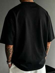 Men's Black Spray Paint Graffiti Letter & Text Slogan Loose Fit T-Shirt, Soft Breathable Avant-Garde Urban Style Summer Casual Top - Black - View 4