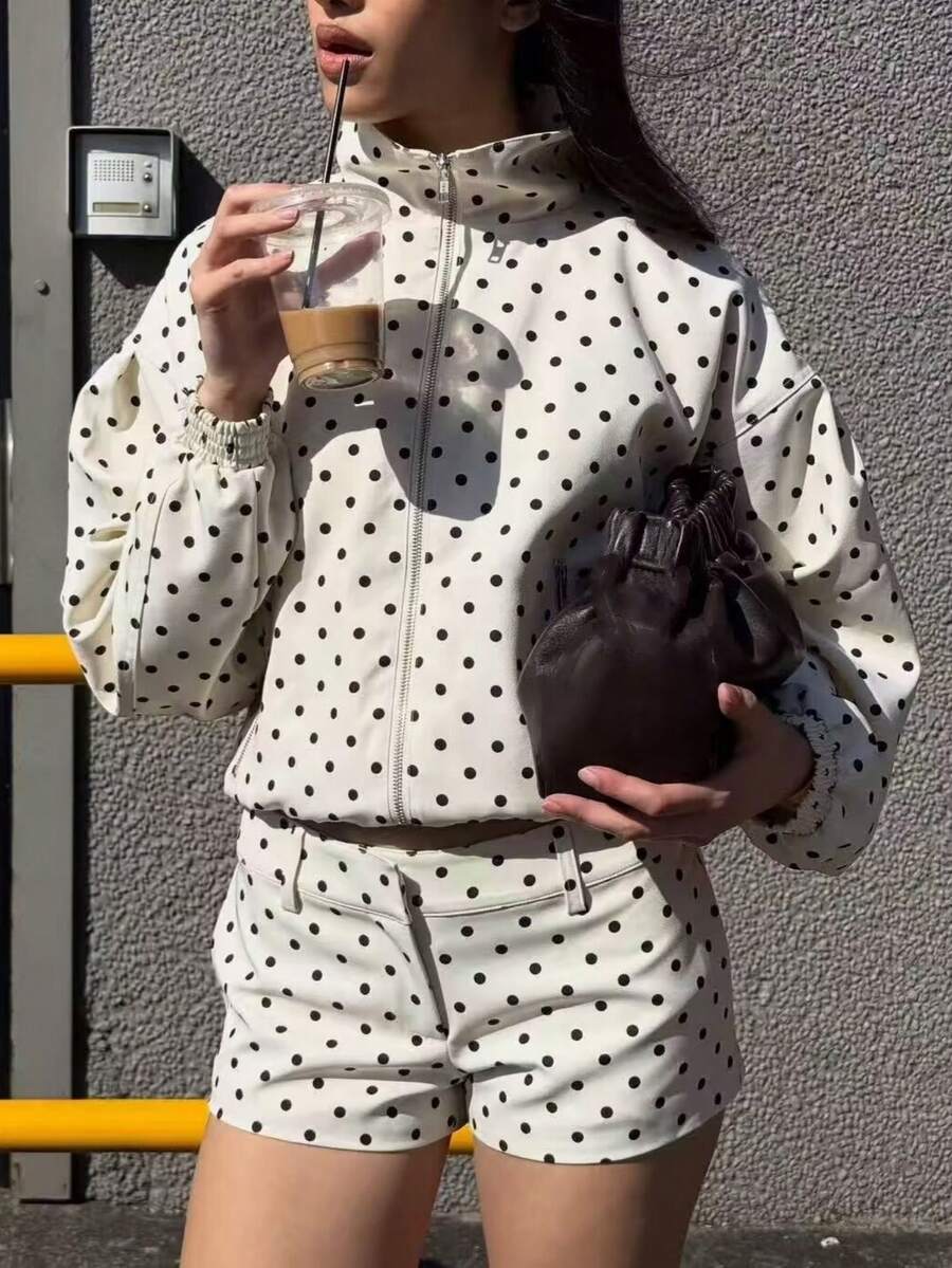 1件女款街頭時尚設計波點拉鍊立領飛行夾克,適合秋冬穿著,白色 - 白色 - 查看 1