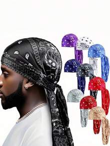 2pcs Cashew Flower Amoeba Print Faux Silk Pirate Hat Bandana Headscarf Tie Headwrap - Multicolor - View 3