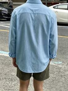 WAIT HIM Kemeja Lengan Panjang Kasual Pria Warna Polos 100% Katun - Baby Blue - View 4