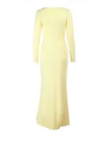 Women's Autumn Yellow Dress With Ruffle Tie Long Sleeve Slim Fit Elegant Dress For Party And Back To School Season - Yellow - View 6