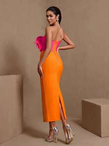 Elegant Women's Strapless Rose Corset High Neck Elastic Knit Midi Bandage Dress - Orange - View 3