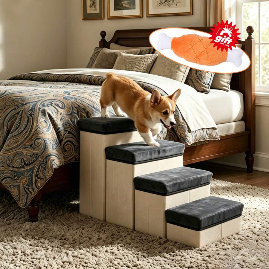 3/4 Steps Pet Stairs For Tall Bed And High Sofa, Sturdy Dog Steps With Extra Large Storage For Pet Supplies Clothes, Foldable Dog Stairs For Small Dogs, Cat Ramp With Non-Slip Bottom, Supports Up To 100 Lbs - Grey - View 1