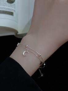 1pc Forest Style Small Fresh And Sweet Double-Layered Star And Moon Bracelet For Women Dating Daily Gift - Silver - View 4