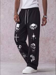 MAISONFOX Men's Skull Print Street Hip-Hop Sweatpants Wide Leg,Retro Old Money Style Drawstring Casual Comfortable Straight Leg Pants,Loose Fit Unisex Jogger - Black - View 1
