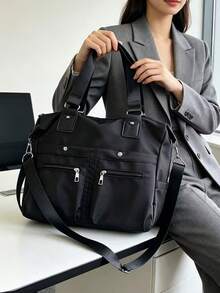 Tas Tote Wanita Minimalis Serbaguna Warna Solid Bahan Nilon dengan Banyak Kantong, Tas Tangan Gaya Mahasiswa Kapasitas Besar untuk Kembali ke Sekolah dan Liburan, Tas Bahu Ringan Kasual untuk Aktivitas Luar Ruangan, Perjalanan, Belanja, dan Perjalanan, Tas Selempang untuk Kerja, Bisnis, dan Perjalanan Sehari-hari - Hitam - View 1