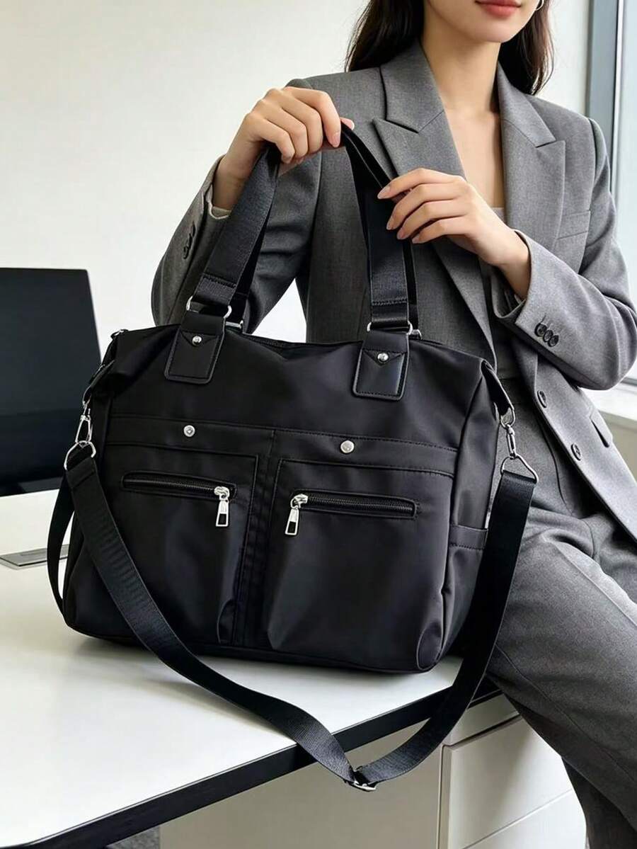 Tas Tote Wanita Minimalis Serbaguna Warna Solid Bahan Nilon dengan Banyak Kantong, Tas Tangan Gaya Mahasiswa Kapasitas Besar untuk Kembali ke Sekolah dan Liburan, Tas Bahu Ringan Kasual untuk Aktivitas Luar Ruangan, Perjalanan, Belanja, dan Perjalanan, Tas Selempang untuk Kerja, Bisnis, dan Perjalanan Sehari-hari - Hitam - View 1