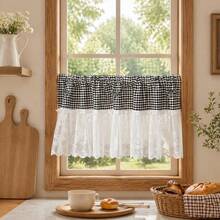 1 Buah Tirai Kafe Gaya Pastoral Pedesaan Motif Kotak-kotak Hitam Putih Jaring Patchwork Tirai Pendek untuk Dapur, Ruang Makan, dan Partisi Tirai Jendela Kecil Romantis dengan Desain Kantong Batang Tirai Mudah Digantung - Hitam dan Putih - View 2
