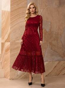 Sexy Elegant Vintage Fashion Lace Abstract Pattern Jacquard Double-Layer Lining Flared Dress, Work Commute Or Holiday Party Vacation Spring - Burgundy - View 1
