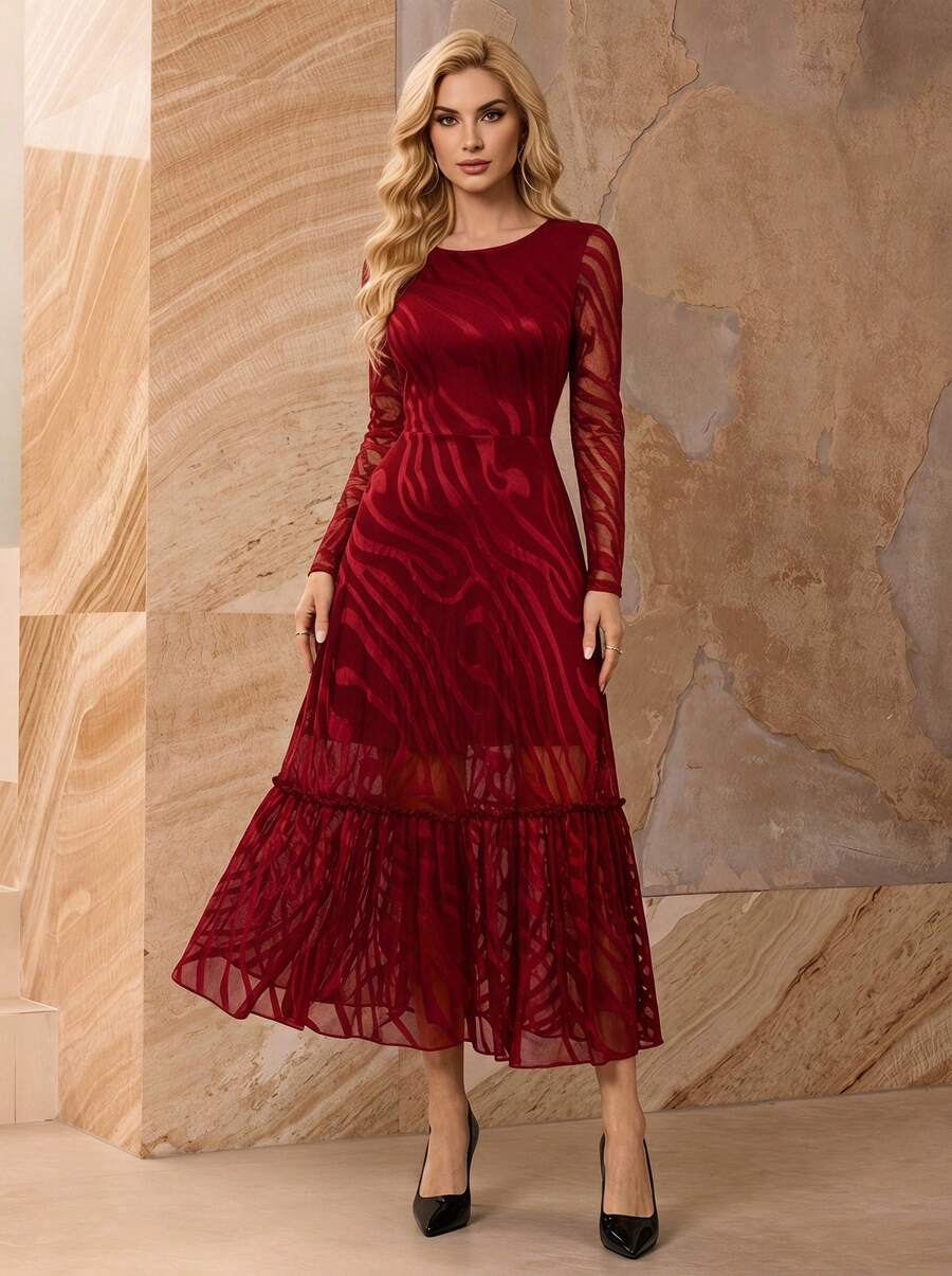 Sexy Elegant Vintage Fashion Lace Abstract Pattern Jacquard Double-Layer Lining Flared Dress, Work Commute Or Holiday Party Vacation Spring - Burgundy - View 1