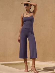 TimeOff Women's One Set Solid Color Adjustable Strap Camisole & Wide Leg Mid-Length Pants Sports Set - Purple - View 3