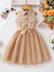 Vestido sin mangas de unicolor con cuello y cinturón tejido para niña joven - Caqui - Ver 2