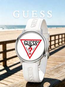 Guess 中性矽膠運動手錶，白色圓盤面搭配三角形 Logo 圖案，類比石英腕錶，適合海灘度假、休閒戶外、夏季日常穿戴，送禮佳品 - 白色 - 查看 4