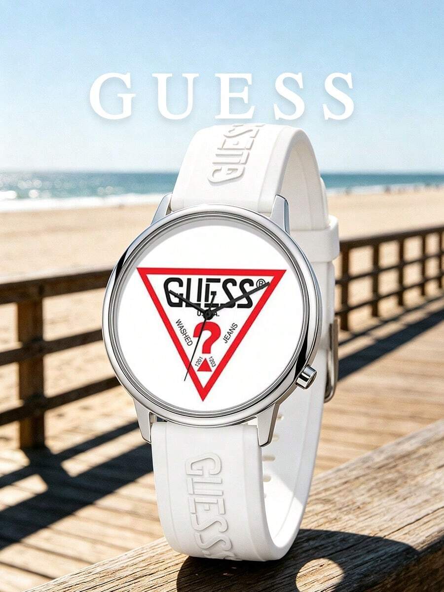 Guess Unisex Silicone Sports Watch, White Round Dial With Triangle Logo Pattern, Analog Quartz Wristwatch, Suitable For Beach Vacation, Casual Outdoor, Summer Daily Wear, Gift - White - View 1