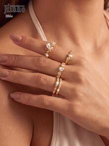 Hihho 3pcs/Set Cincin Berlian yang Dapat Dilepas dan Ditumpuk, Cincin Emas Indah Bentuk Kupu-kupu dan Gelembung Berpilin 3-in-1 - Set Cincin - View 3
