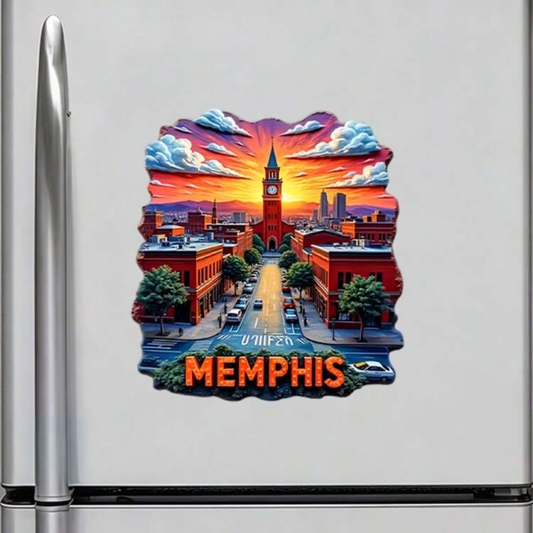 Memphis Brick And Mortar Sunset Over The Clock Tower Magnet Where The Delta Breeze Hums A Quiet Tune Keepsake For All Metal Surfaces Throughout The Home - A - View 2