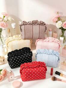 Cute Ruffle Lace Makeup Bag, Women & Girls, Vintage Striped Polka Dot Cosmetic Organizer, Travel Toiletry Bag, Suitable For Daily Use, Vacation And Dorm Storage - Multicolor - View 7