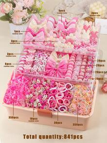 841pcs Pink Fairy Girl Hair Accessories Set, Includes Ribbon Bow Hair Clips, Rabbit/Flower Hair Clips, Star Snap Clips, Mini Claw Clips, Butterfly/Rabbit Ear Hair Ties, Bamboo Knot Towel Ring Ruffled Elastic Hairbands And TPU Hair Ties, Suitable For Daily, Party, Travel Use - Multicolor - View 11