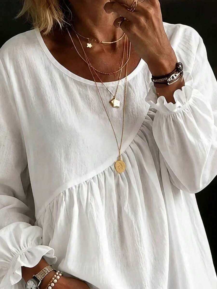 Plus Size Women's White Ruffle Trim Blouse, Round Neck Long Sleeve Ruffle Hem Flared Loose Casual Top, Flowy Hem, Casual Autumn Wear, - White - View 1