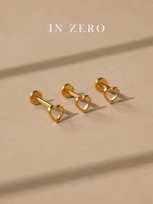 1pc Hollow Heart Ribbed Flat Back Stud Earrings | Titanium Steel CZ Flat Back Earrings | Delicate Heart Stud Earrings | Stackable Earrings | Cartilage Earrings - Hollow Heart - View 5