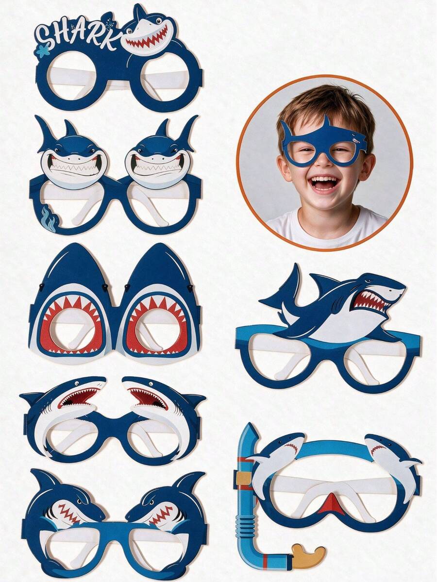 8pcs Ocean Shark Style Paper Party Glasses, Under The Sea Theme Birthday Party Photo Props Paper Glasses, Baby Shower Party Paper Glasses, 1st Birthday Party Supplies, Happy Birthday Party Glasses, Shark Birthday Party Decoration, Party Accessories, Birthday Gift, Newborn Party Decoration, Baby Shower Decoration, Gender Reveal Decoration, Ocean Animal Theme Party Supplies Decoration, Party Favors
