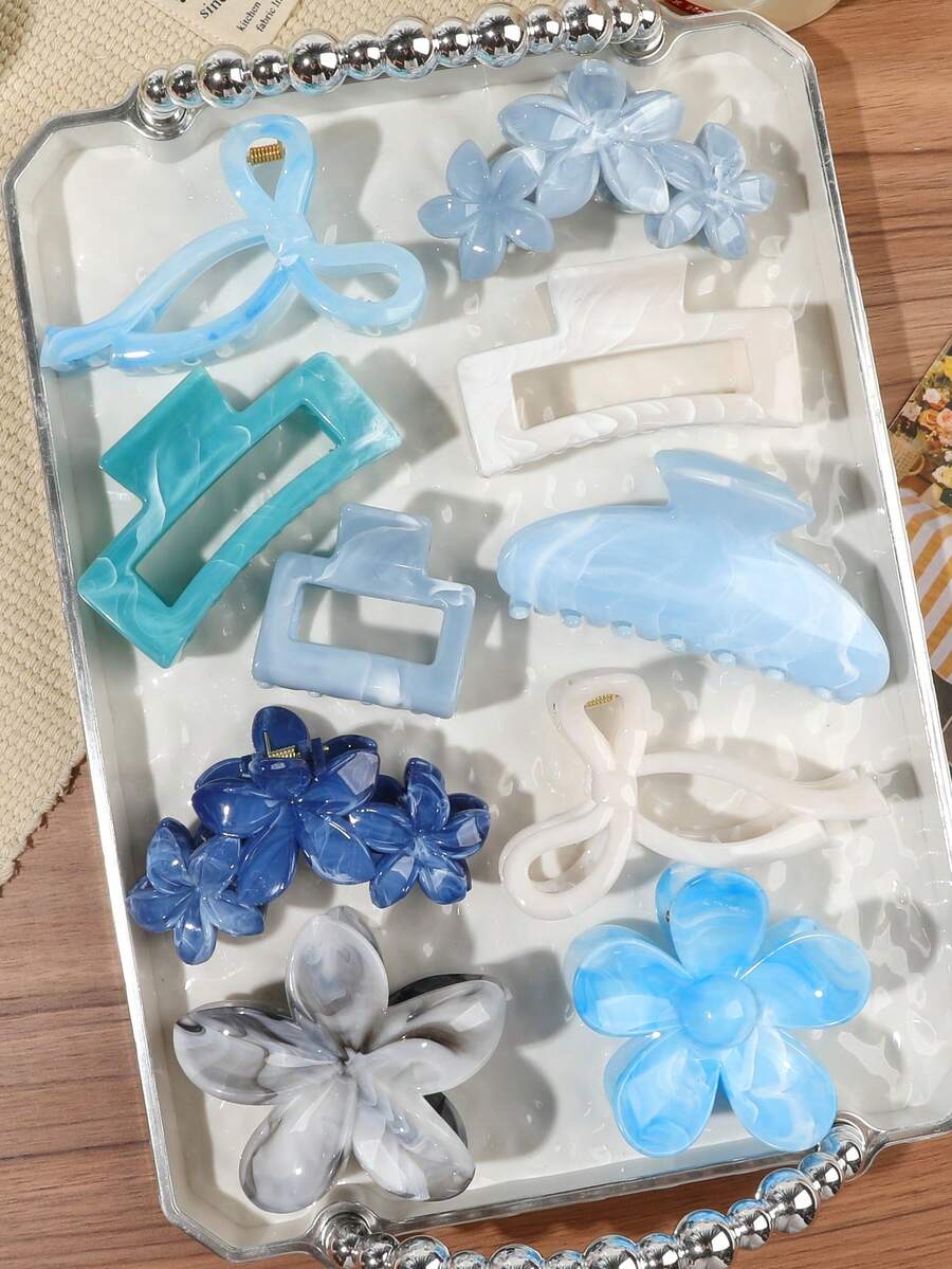 10件組波希米亞風藍色蝴蝶結半圓花朵方形組合髮夾,半紮髮後梳髮髻碎髮收束,基礎極簡韓系居家日常通勤下午茶休閒髮飾 - 彩色 - 查看 1