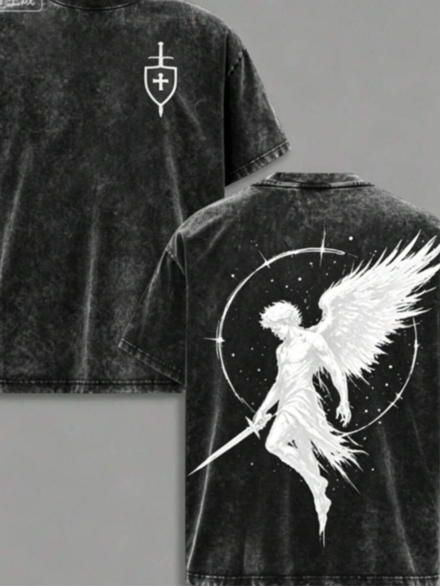 Men's Washed Angel Michael Graphic T-Shirt Flame Sword Shield Justice Symbol Christian Jesus Faith Tee Casual Streetwear Round Neck Summer Vacation Ou - 黑色 - 查看 1