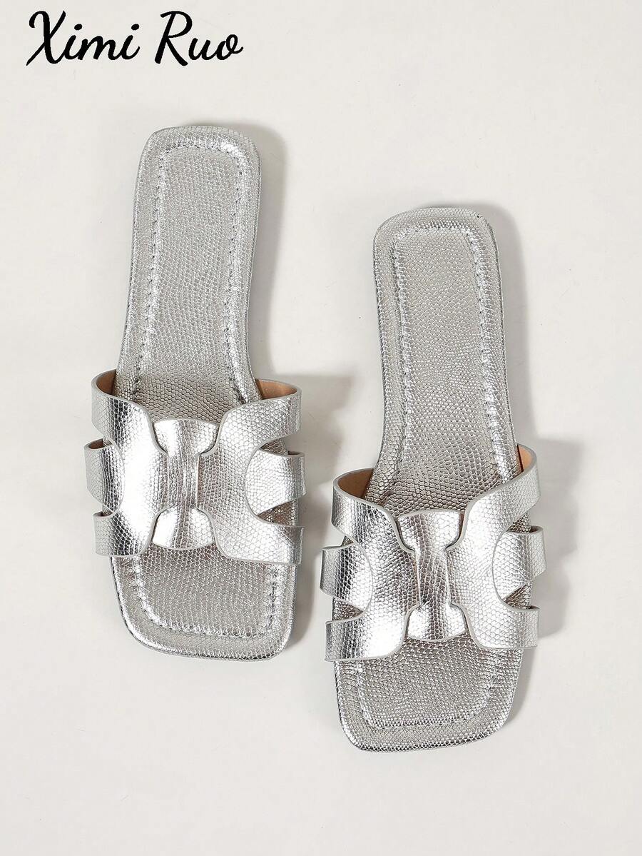 Ximi Ruo 女款春夏新款時尚休閒平底拖鞋，舒適戶外涼拖，沙灘鞋，低跟圓頭極簡百搭裝飾平底涼鞋 - 銀色 - 查看 1