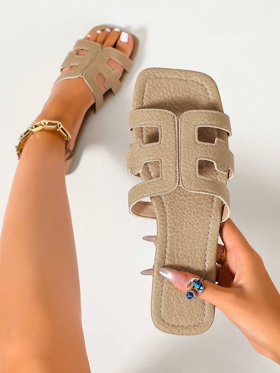 Ximi Ruo Women's New Spring/Summer Fashion Casual Flat Slide Sandals, Comfortable Outdoor Slippers, Beach Shoes, Low Heel Round Toe Minimalist Versatile Decorative Flat Sandals For Summer - Apricot - View 1