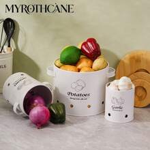 MYROTHCANE 3 Packs Ventilated Potato Onion Garlic Storage Canisters, White Metal Vegetable Storage Tins With Bamboo Lid & Side Handles, Breathable Holes Kitchen Pantry Organizer Containers For Potatoes Onions Garlic Storage - White - View 8